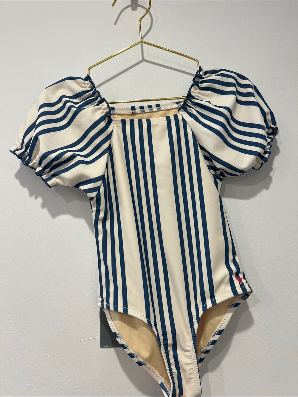 Pink Chicken Navy and Cream Striped Puff-Sleeve One-Piece